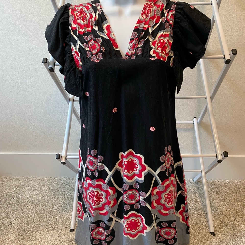 Nick & Mo Black Red Ruffled Cap Sleeve Mini Dress